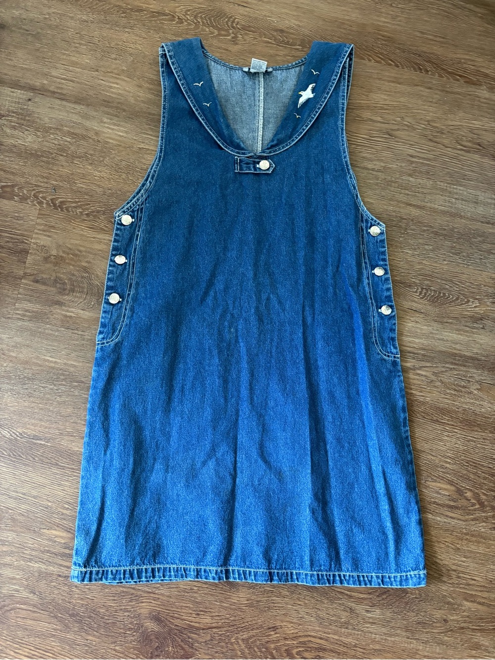 Vintage Haiks Nautical Denim Jumper Dress Size Small V-Neck Collar Embroidered